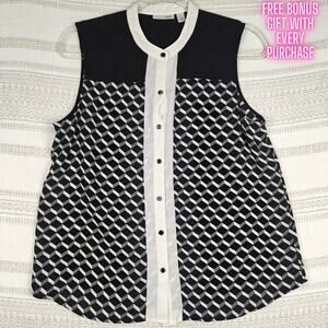 Halogen Geometric Print Button Tank Top Black White Size M Petite